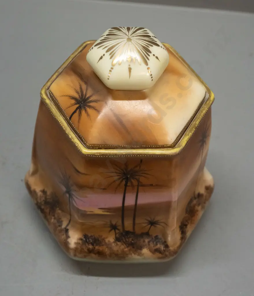 Japanese hand painted lidded 6-sided canister - some loss/wear to decoration - marked Royal Nippon Japan H-180 Image 1++