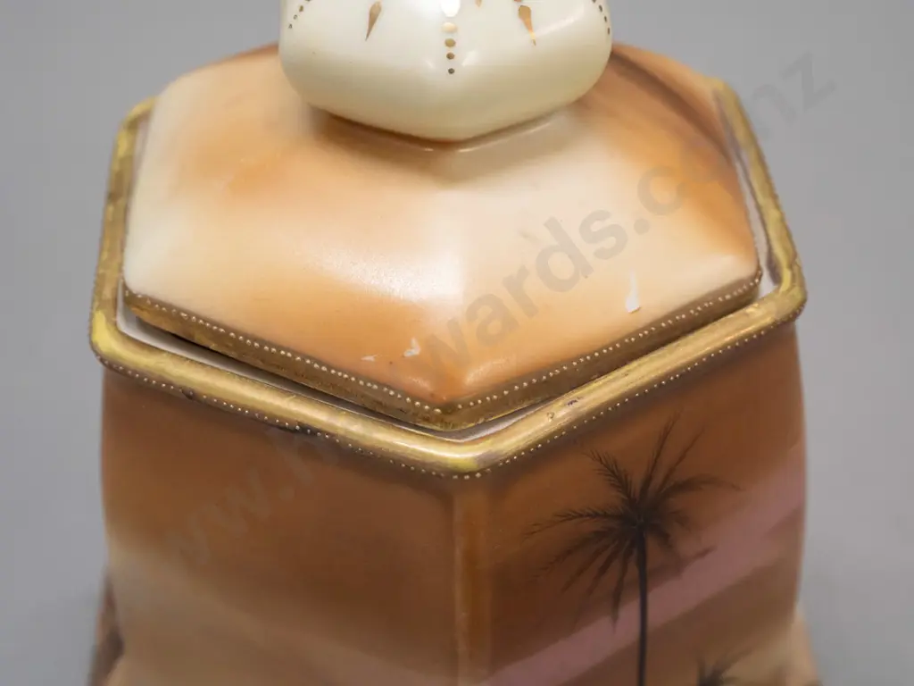 Japanese hand painted lidded 6-sided canister - some loss/wear to decoration - marked Royal Nippon Japan H-180 Image 1++