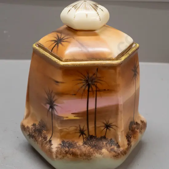 Japanese hand painted lidded 6-sided canister - some loss/wear to decoration - marked Royal Nippon Japan H-180