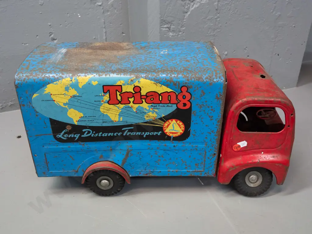 vintage tin toy Triang truck with Lines Bros. Group / Long Distance Transport markings, tyres marked Triang England Image 1++
