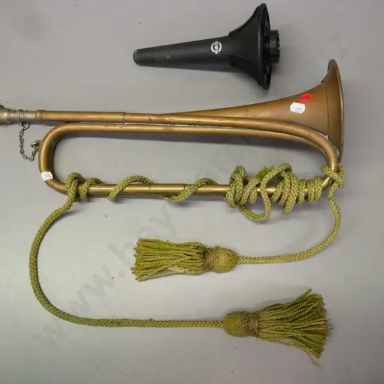military Bugle stamped NZ with broad arrow mark Boosey & Hawkes w/ tassels & rope, w/ modern mute L-430 [some