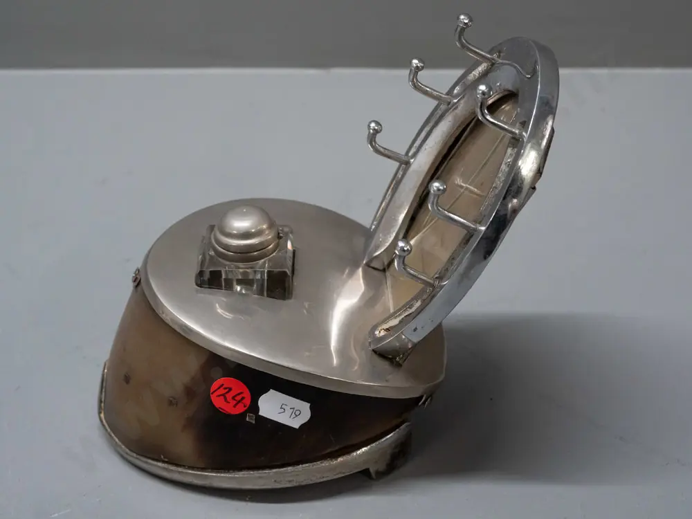 horse hoof desk stand with inkwell and pen holders, chrome horseshoe picture frame, and a double handled porcelain Image 1++