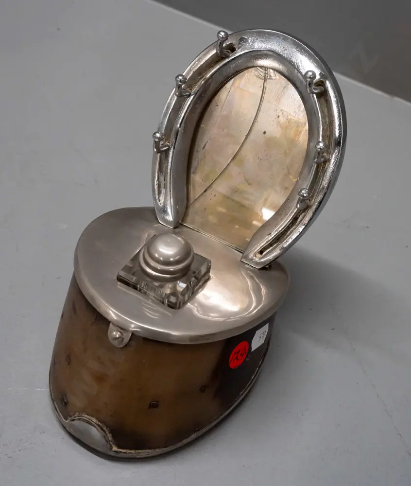 horse hoof desk stand with inkwell and pen holders, chrome horseshoe picture frame, and a double handled porcelain Image 1++