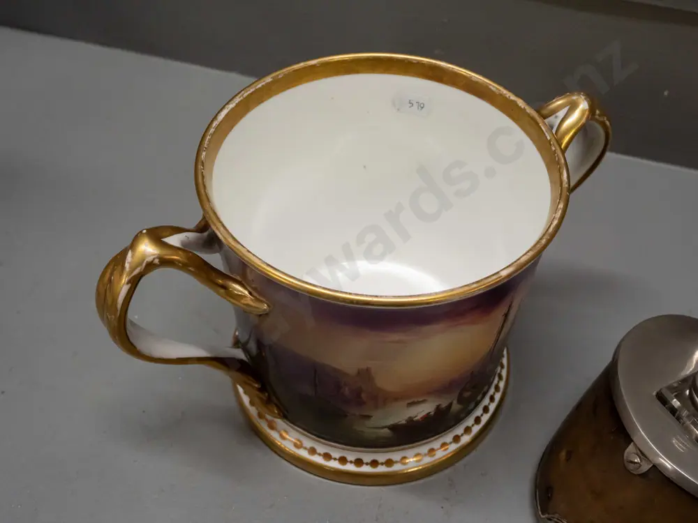 horse hoof desk stand with inkwell and pen holders, chrome horseshoe picture frame, and a double handled porcelain Image 1++