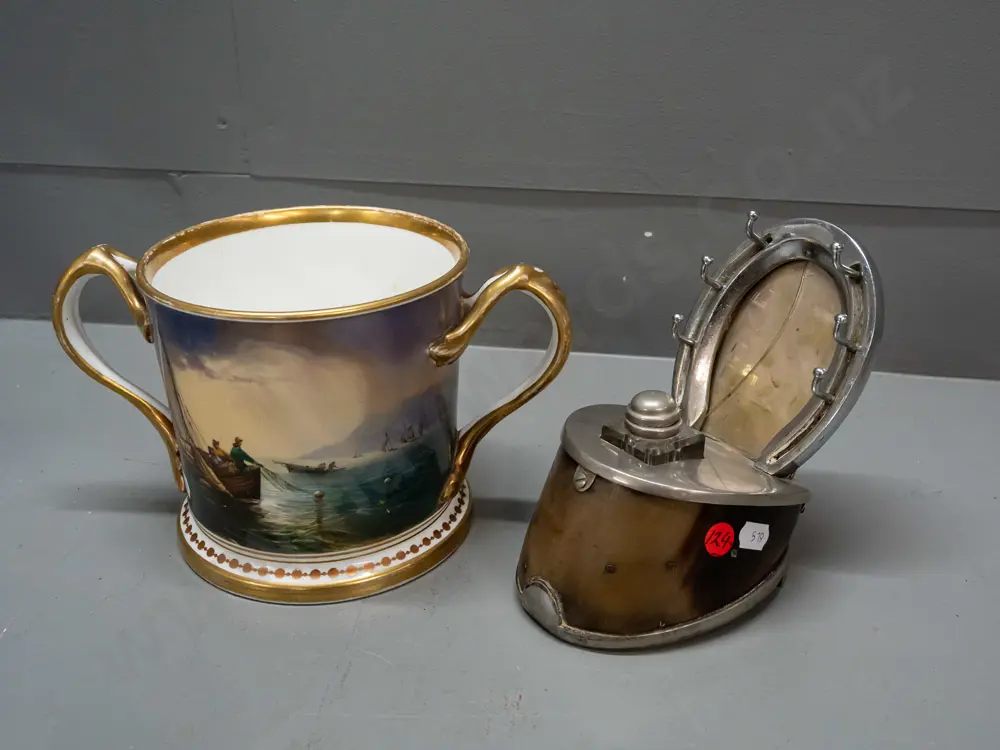 horse hoof desk stand with inkwell and pen holders, chrome horseshoe picture frame, and a double handled porcelain Image 1++