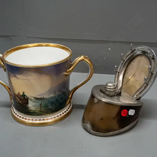 horse hoof desk stand with inkwell and pen holders, chrome horseshoe picture frame, and a double handled porcelain