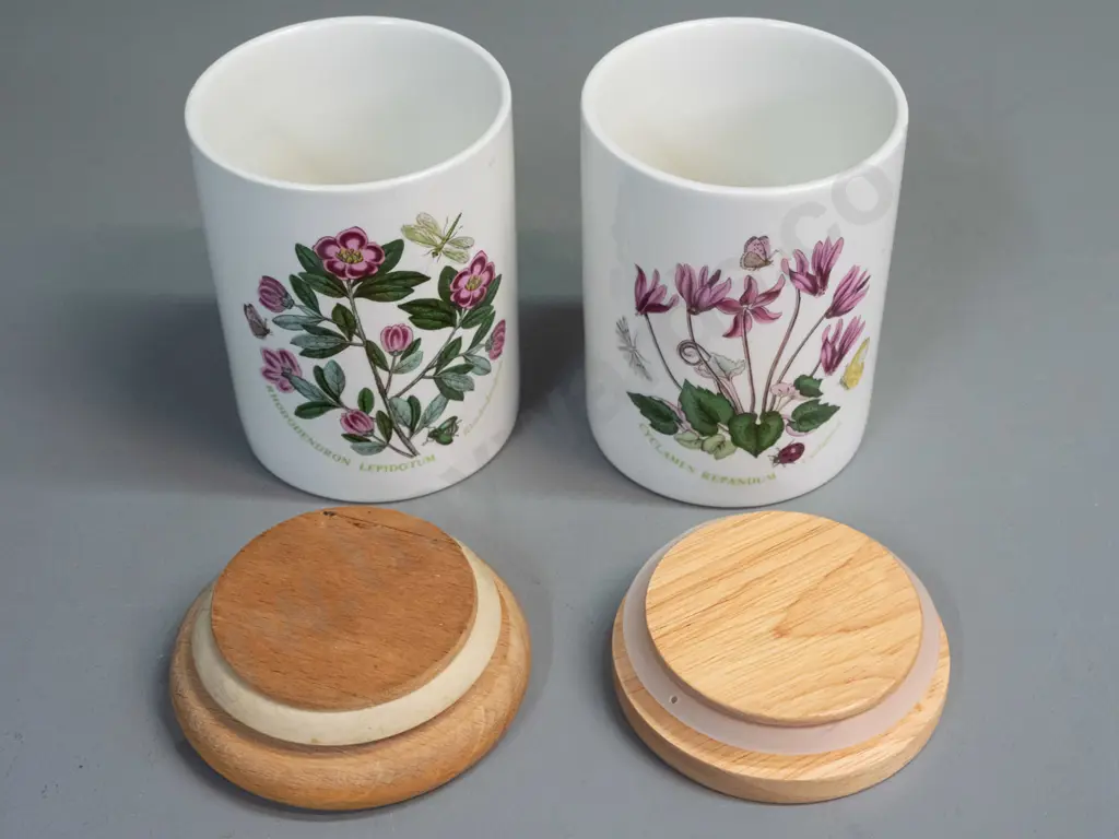 2 Portmeirion Botanic Garden canisters with wooden lids - different shaped lids and marks - slightly taller one H-120 Image 1++