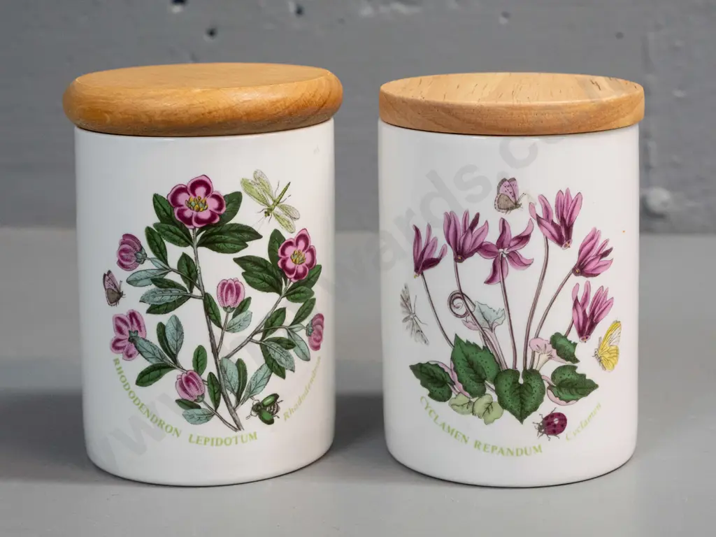 2 Portmeirion Botanic Garden canisters with wooden lids - different shaped lids and marks - slightly taller one H-120 Image 1++
