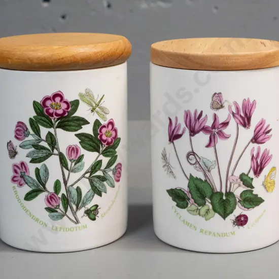 2 Portmeirion Botanic Garden canisters with wooden lids - different shaped lids and marks - slightly taller one H-120