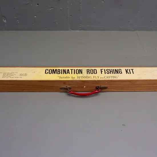 retro fishing kit in fitted pine case with hinged lid, compartments with plastic sliding cover - 3-piece rod with 3 tip