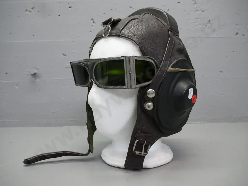vintage Japanese leather pilot helmet & tinted goggles, lined inside, headphone wiring inside lining, W-300 Image 1++
