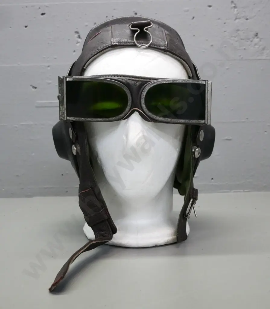 vintage Japanese leather pilot helmet & tinted goggles, lined inside, headphone wiring inside lining, W-300 Image 1++