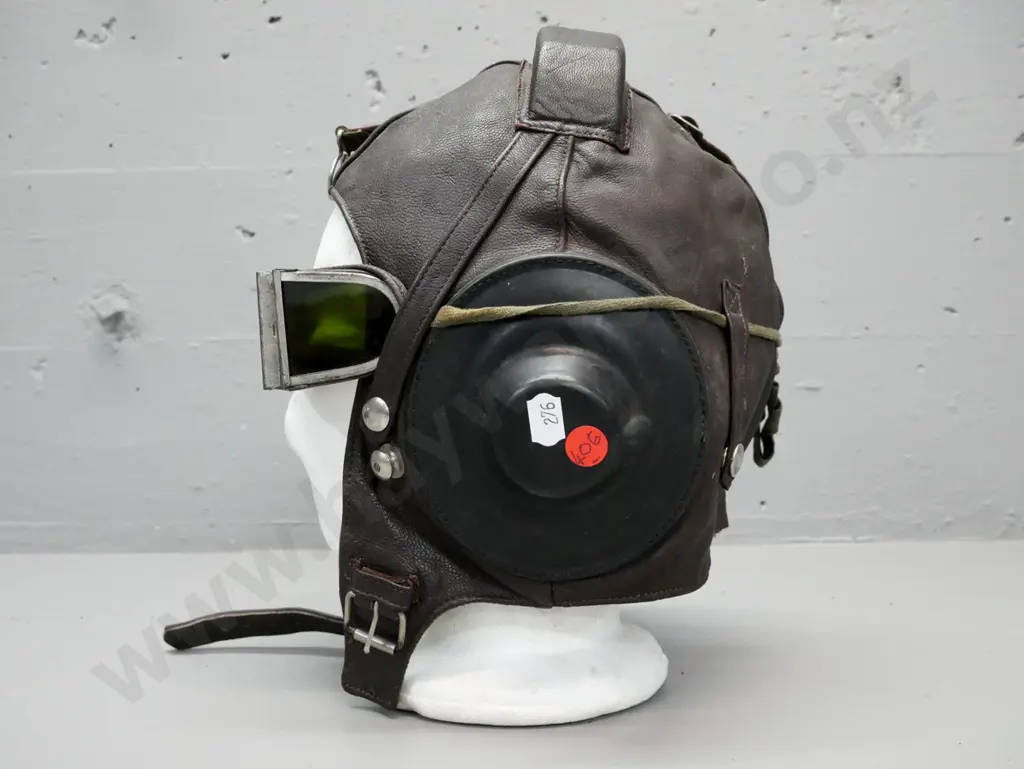 vintage Japanese leather pilot helmet & tinted goggles, lined inside, headphone wiring inside lining, W-300 Image 1++