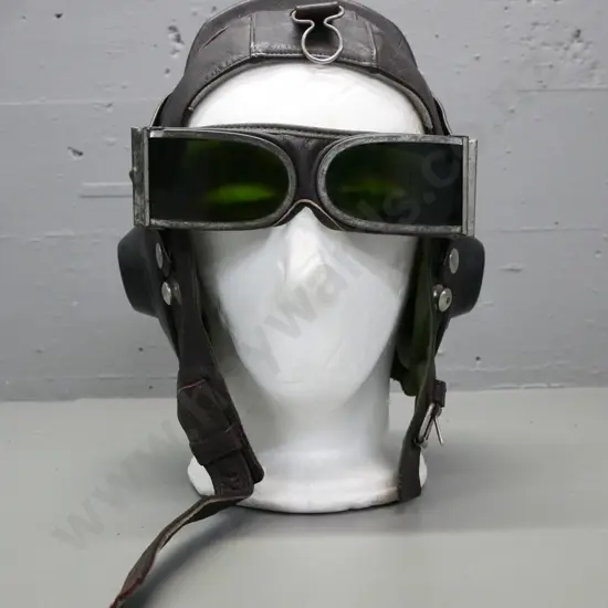 vintage Japanese leather pilot helmet & tinted goggles, lined inside, headphone wiring inside lining, W-300
