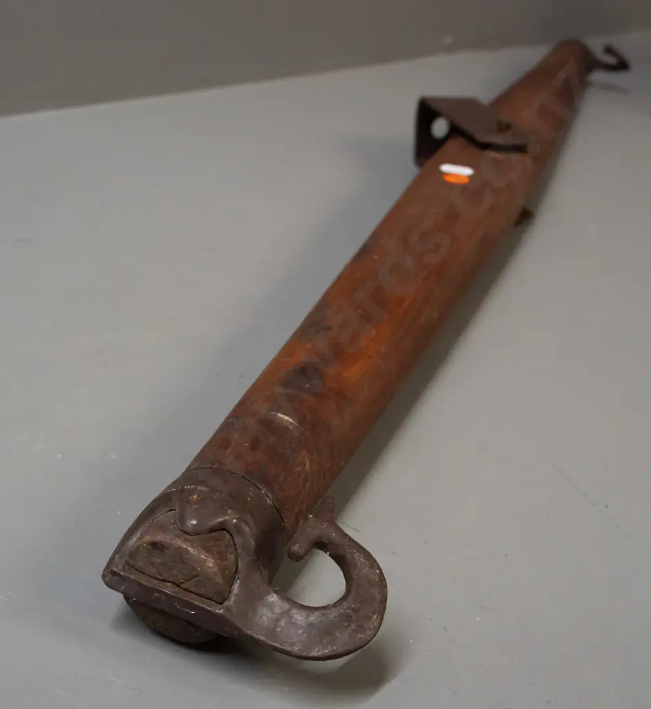 vintage timber and cast iron swingle tree - some historic borer holes, pitting to metal L-830 Image 1++