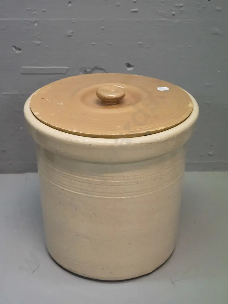 Timaru Potteries wide mouth lidded stoneware crock with maker's mark on base - non-matching lid has some chipping around Image 1++