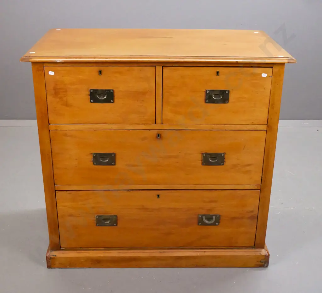 colonial kauri 4-drawer chest with replacement brass campaign handles - top has mahogany cleats Image 1++