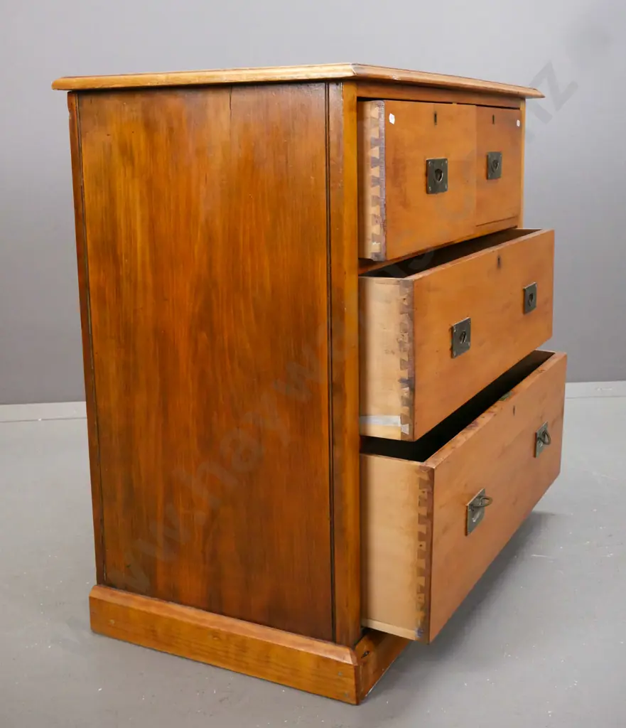 colonial kauri 4-drawer chest with replacement brass campaign handles - top has mahogany cleats Image 1++