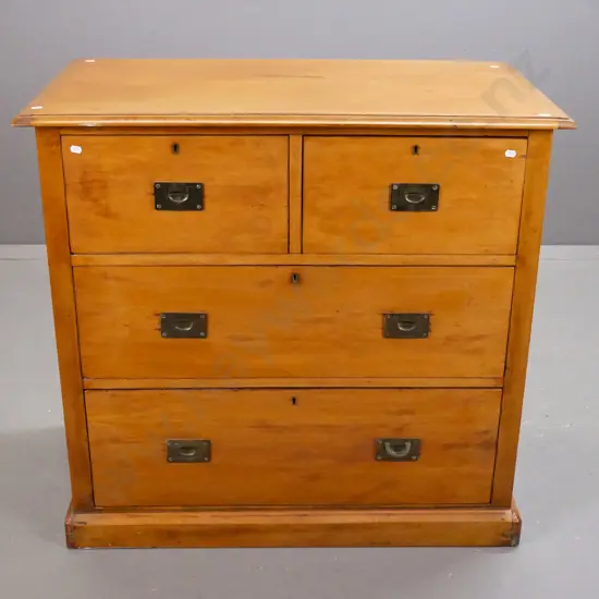 colonial kauri 4-drawer chest with replacement brass campaign handles - top has mahogany cleats