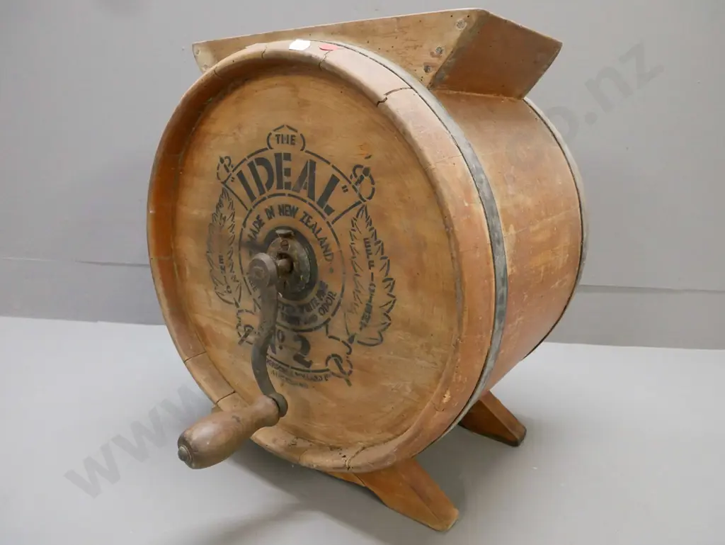 vintage "Ideal No 2 Henderson & Pollard Ltd Auckland" kahikatea butter churn H-430 W-390 [sporadic borer, crack to one Image 1++