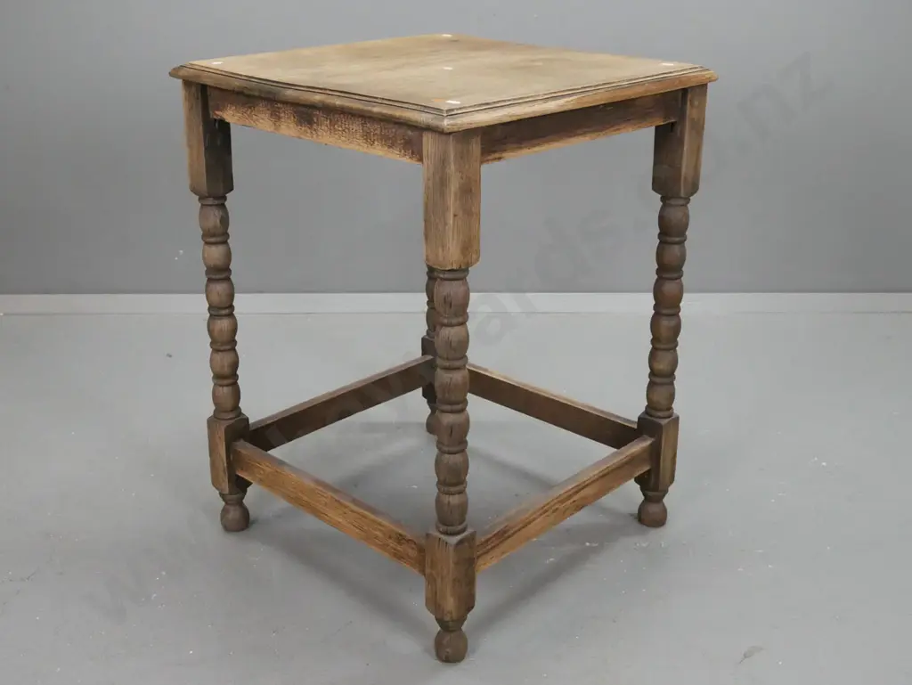 vintage oak square side table with bobbin turned legs and refectory base. Image 1++