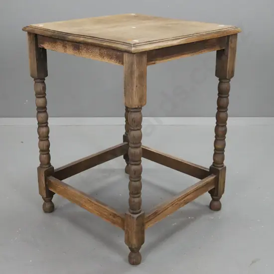 vintage oak square side table with bobbin turned legs and refectory base.