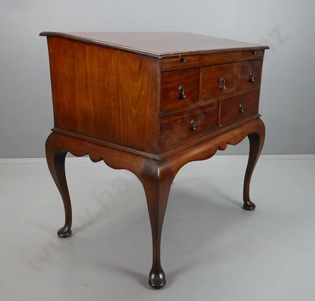 colonial mahogany clerks style desk with kauri drawer inners on shaped stand with sweeping Image 1++