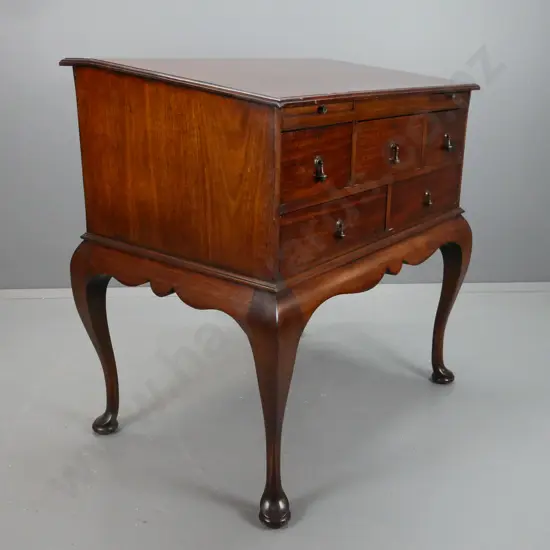 colonial mahogany clerks style desk with kauri drawer inners on shaped stand with sweeping