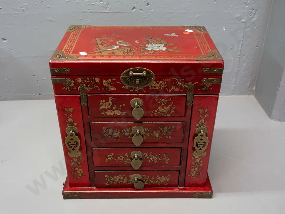 reproduction Chinese jewellery chest with brass hinges and hardware, lift-up mirror top compartment, opening sides with Image 1++