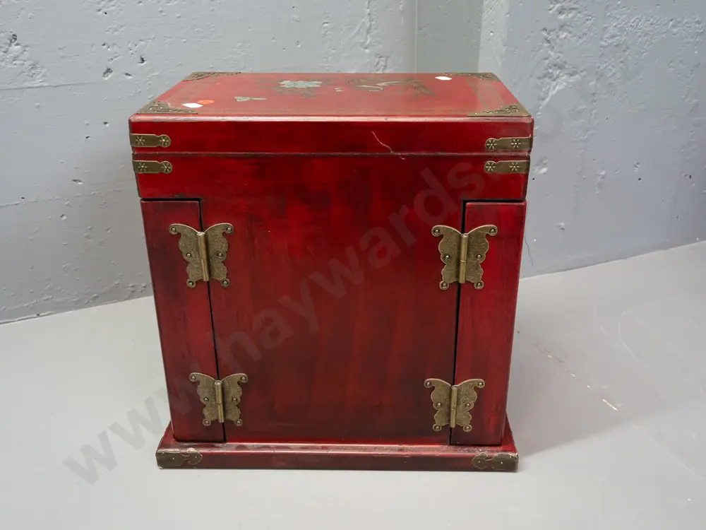 reproduction Chinese jewellery chest with brass hinges and hardware, lift-up mirror top compartment, opening sides with Image 1++