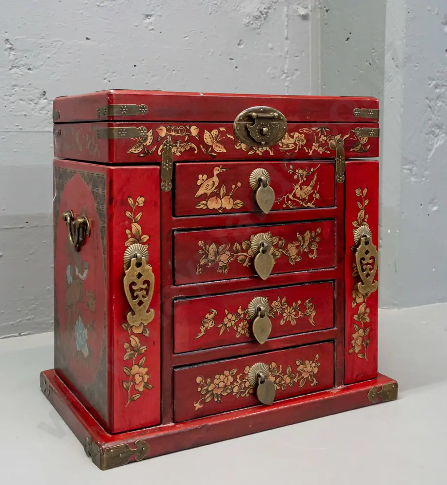 reproduction Chinese jewellery chest with brass hinges and hardware, lift-up mirror top compartment, opening sides with Image 1++
