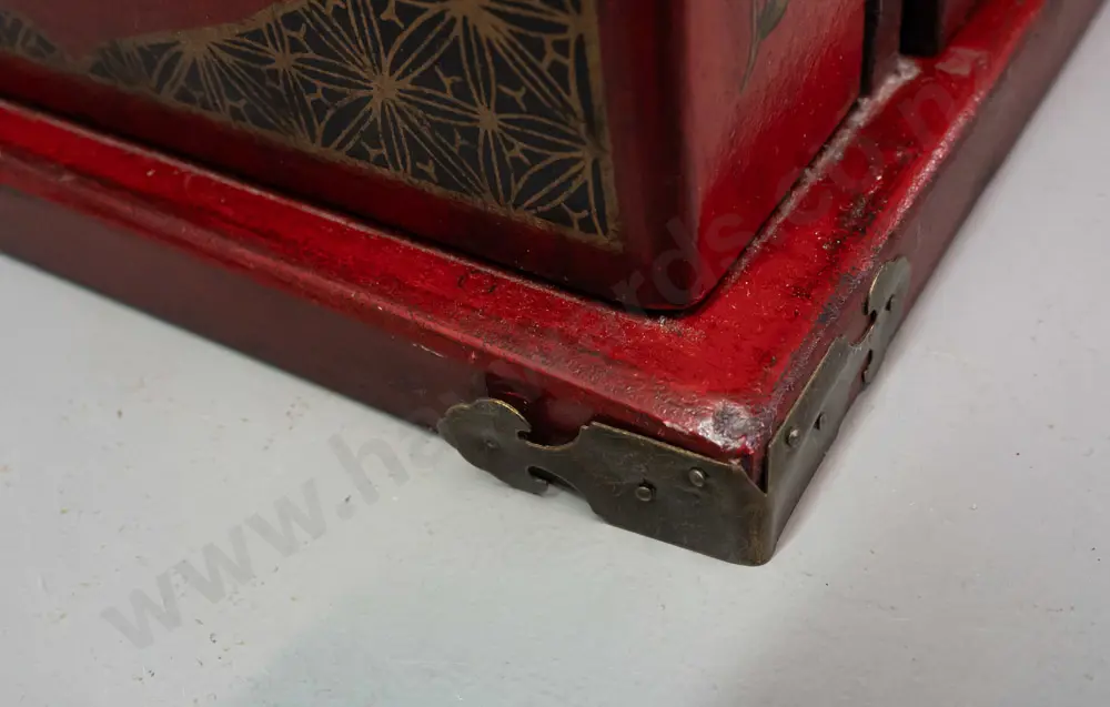 reproduction Chinese jewellery chest with brass hinges and hardware, lift-up mirror top compartment, opening sides with Image 1++