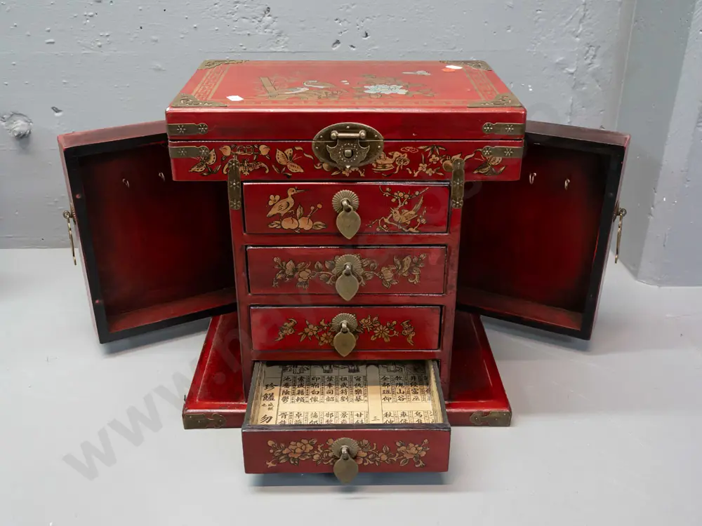 reproduction Chinese jewellery chest with brass hinges and hardware, lift-up mirror top compartment, opening sides with Image 1++
