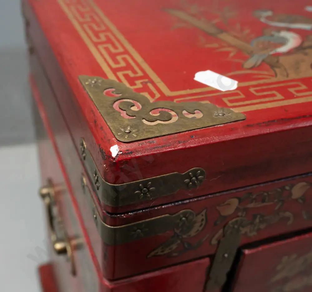 reproduction Chinese jewellery chest with brass hinges and hardware, lift-up mirror top compartment, opening sides with Image 1++