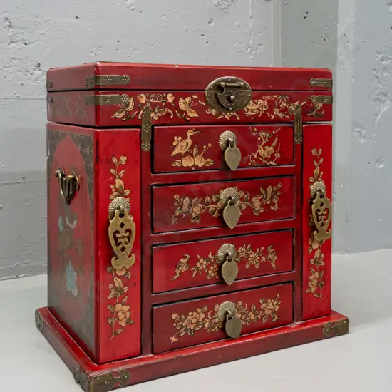 reproduction Chinese jewellery chest with brass hinges and hardware, lift-up mirror top compartment, opening sides with