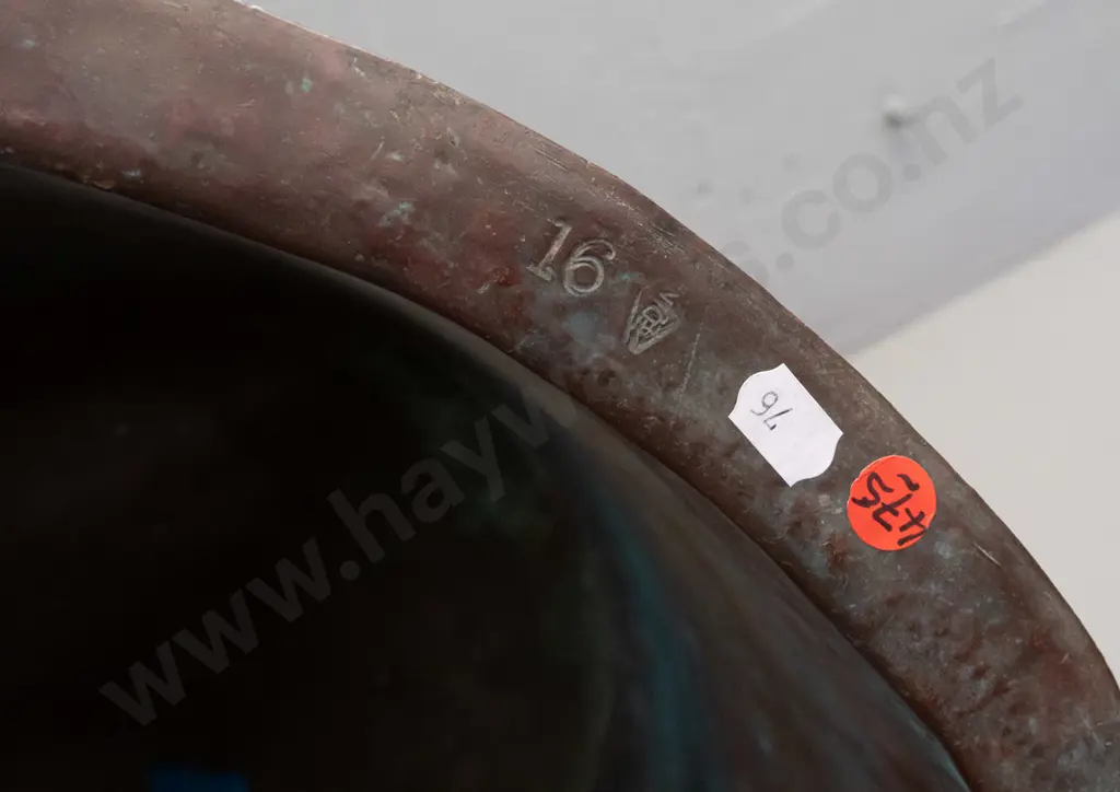 1880s riveted copper, marked 16 with diamond shaped Edina logo. Some dents and discolouration. H-390 D-550 at top Image 1++