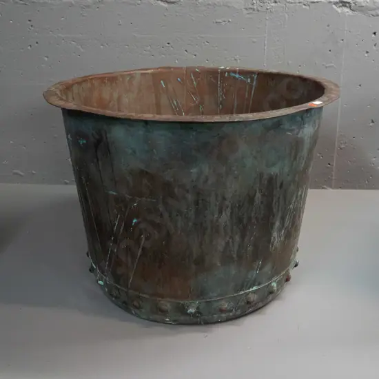 1880s riveted copper, marked 16 with diamond shaped Edina logo. Some dents and discolouration. H-390 D-550 at top