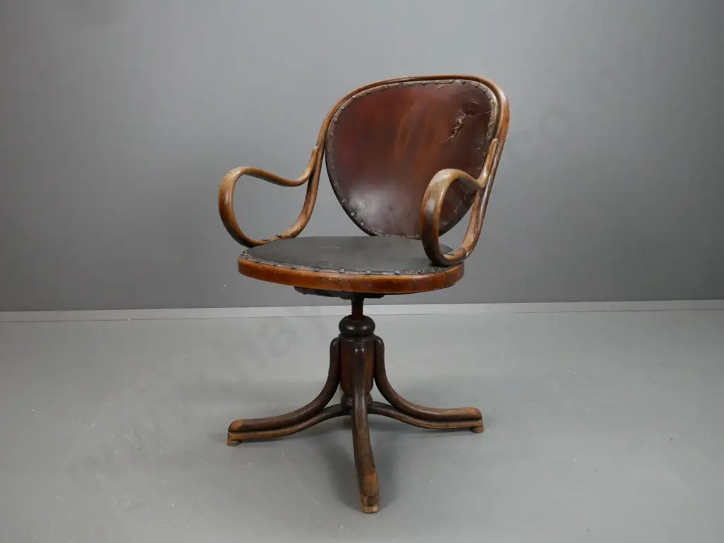 vintage bentwood swivel rise and fall desk chair. Medallion back, sweeping arms, 4 point Image 1++