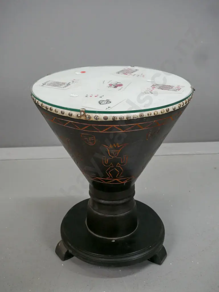 vintage drum table - timber conical shape body with stylized tribal carving, on circular base, playing cards under glass Image 1++