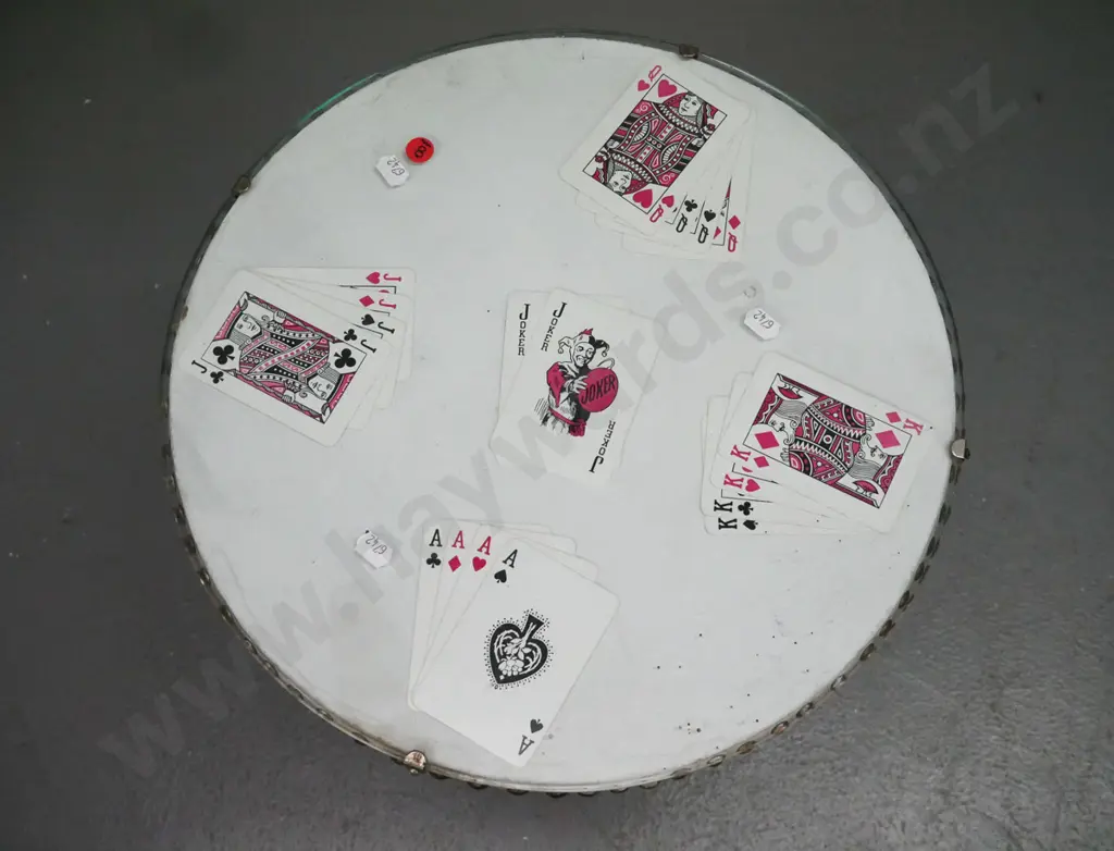 vintage drum table - timber conical shape body with stylized tribal carving, on circular base, playing cards under glass Image 1++