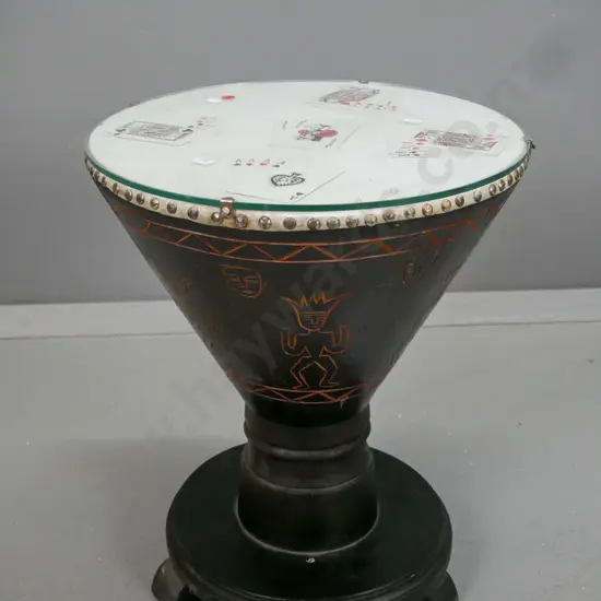 vintage drum table - timber conical shape body with stylized tribal carving, on circular base, playing cards under glass