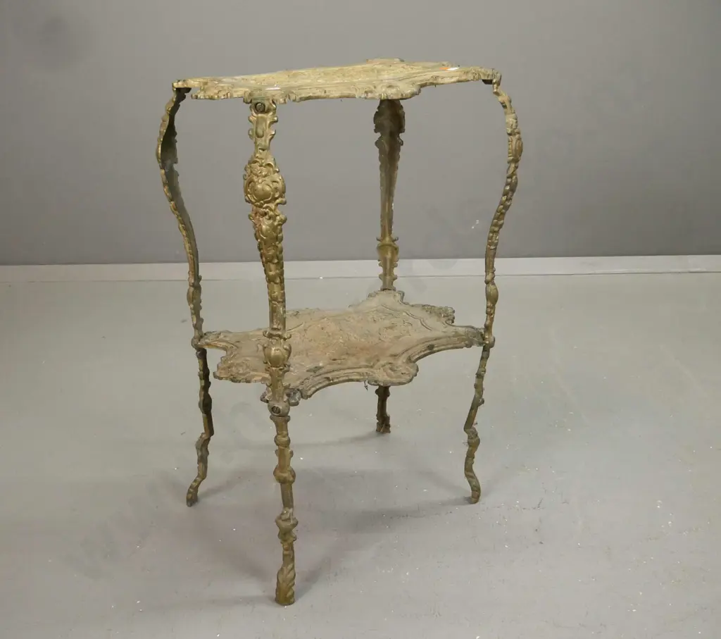ornate rococo style cast brass 2-tier plant stand or conservatory table - some discolouration, a little flex in legs Image 1++