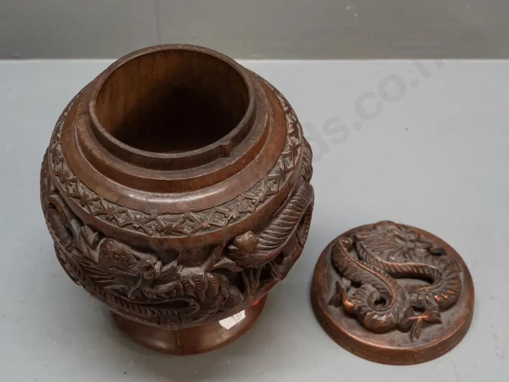 asian turned and carved teak lidded comport-shaped canister with band of 5-toed dragons H-190 D-140 Image 1++