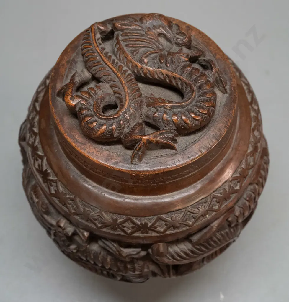 asian turned and carved teak lidded comport-shaped canister with band of 5-toed dragons H-190 D-140 Image 1++