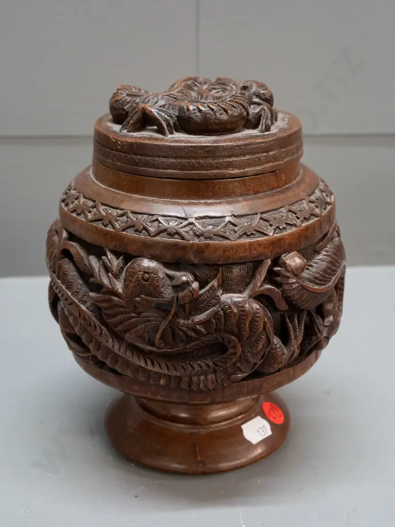 asian turned and carved teak lidded comport-shaped canister with band of 5-toed dragons H-190 D-140 Image 1++