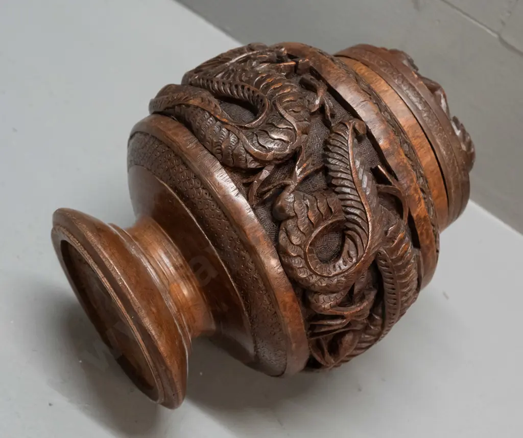 asian turned and carved teak lidded comport-shaped canister with band of 5-toed dragons H-190 D-140 Image 1++