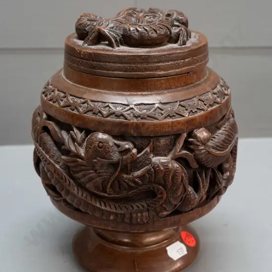 asian turned and carved teak lidded comport-shaped canister with band of 5-toed dragons H-190 D-140