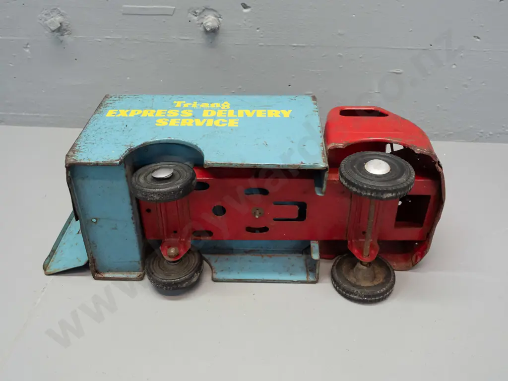 vintage Triang tin toy truck - Express Delivery Service markings with opening back doors - overall paint wear and Image 1++