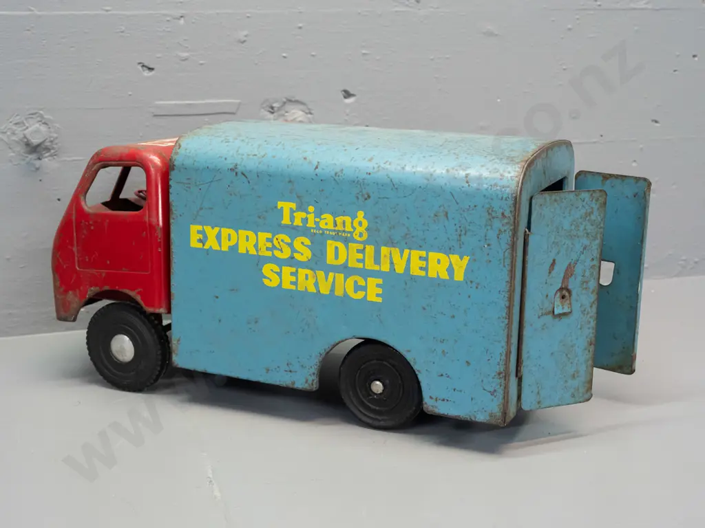 vintage Triang tin toy truck - Express Delivery Service markings with opening back doors - overall paint wear and Image 1++