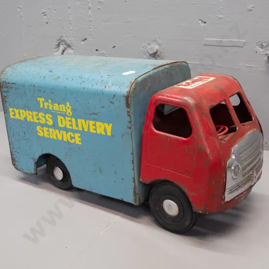 vintage Triang tin toy truck - Express Delivery Service markings with opening back doors - overall paint wear and